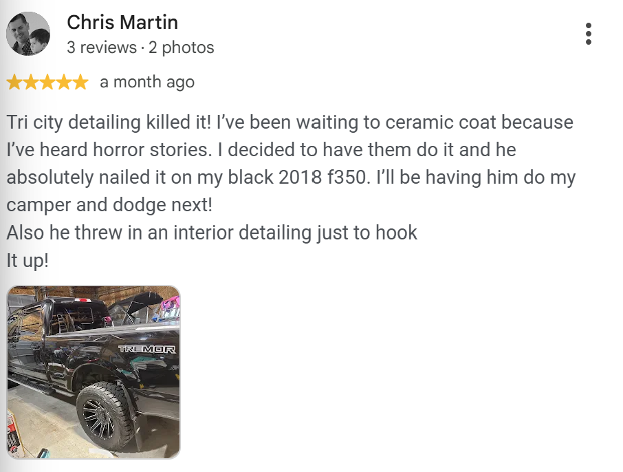 Five-star Google review from Chris Martin about a ceramic coating on a black Ford F-350